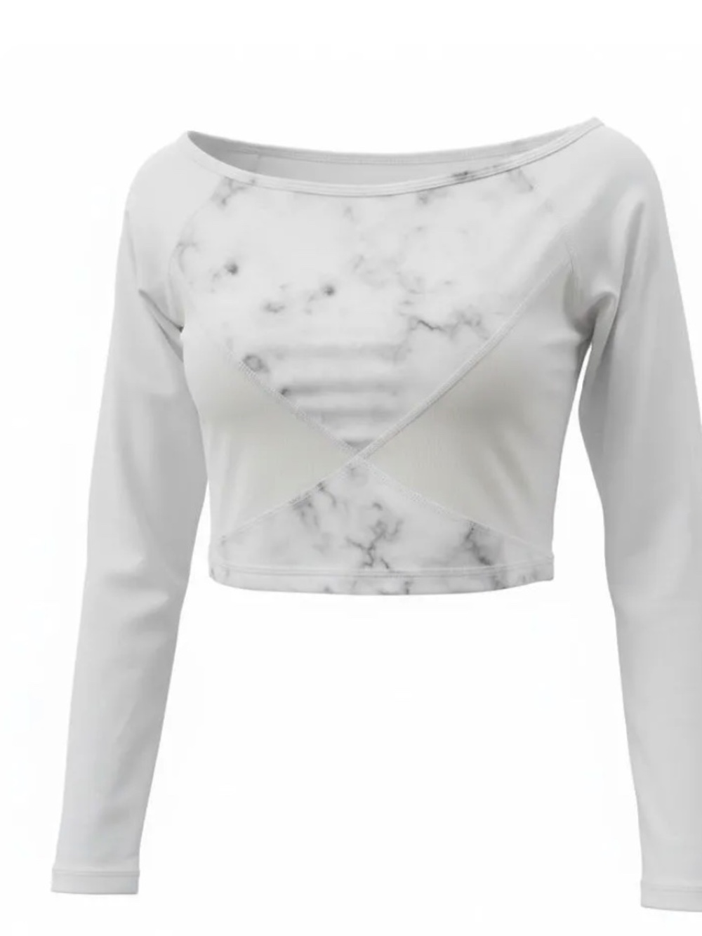 Buffbunny Collection White Marble Long Sleeve Cropped Top, Size Small